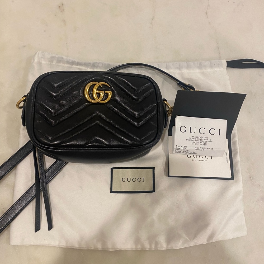 Gucci Black Chevron GG Marmont Shoulder Bag with Gold Hardware